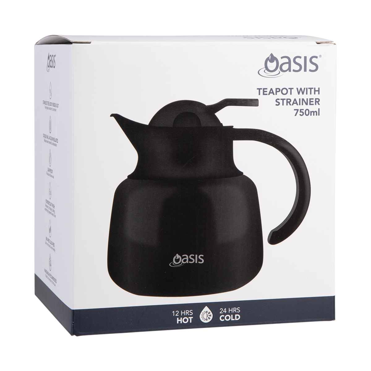 Oasis Stainless Steel Double Wall Insulated Black Teapot With Strainer - 750ml