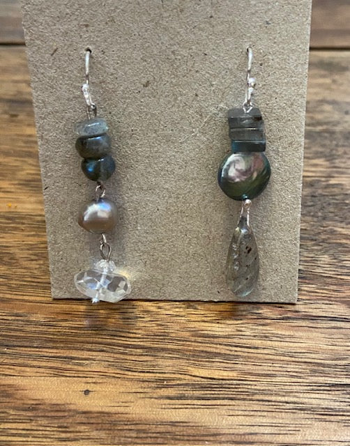 kaw - Labradorite, Freshwater Pearl, Rock Crystal Quartz Drop Earrings