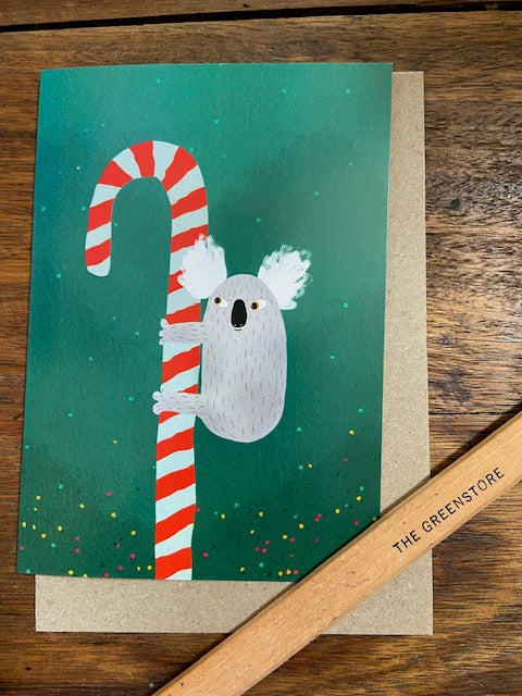 Surfing Sloth Candy Cane Koala Christmas Greeting Card