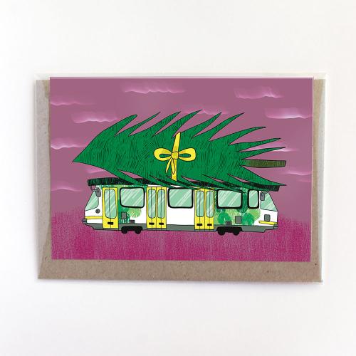 Surfing Sloth Xmas Tree Tram Christmas Greeting Card