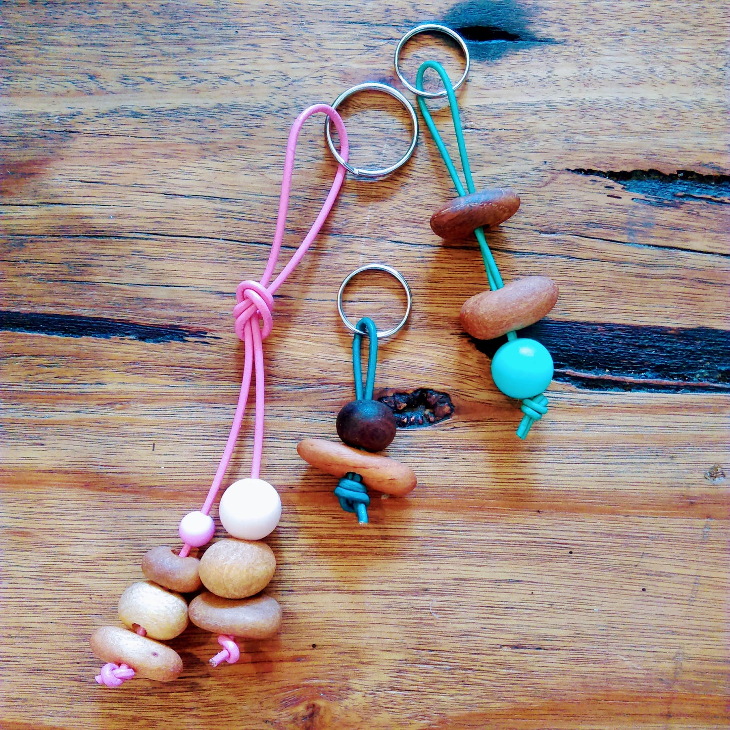 Leather and Timber Bead Key Ring