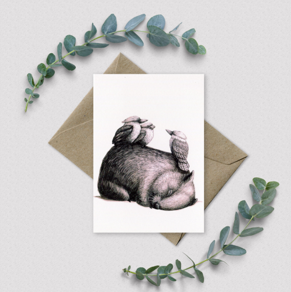 Renee Treml Wombat & 3 Kookaburras Notecard