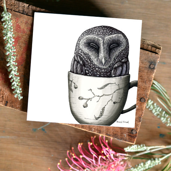 Renee Treml Tea Cosy Sooty Owl Card
